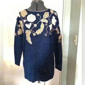 VTG Jacklyn Smith Blue White Flowers Embelished Knit Sweater Petite Medium